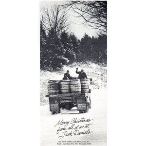 1980 Jack Daniels Whiskey Merry Christmas Barrel Truck Vintage Print Ad Wall Art